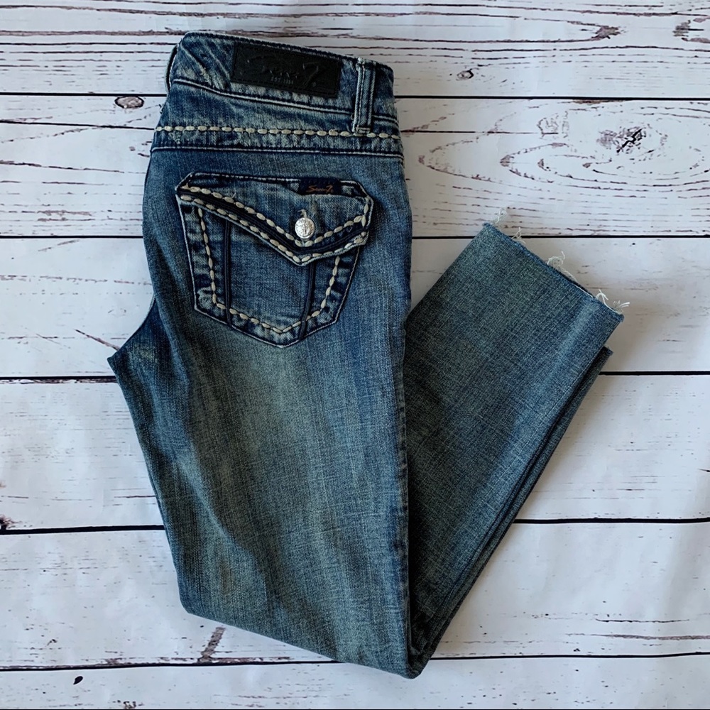 Seven7 Medium Wash Distressed Cropped Jeans 27